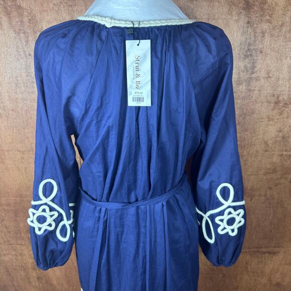 Strut & Bolt SMALL navy blue long sleeve mini dress braid embroidery pockets - Picture 7 of 10